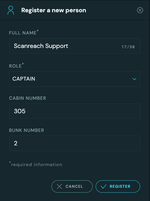 Modal with input fields for registering new person